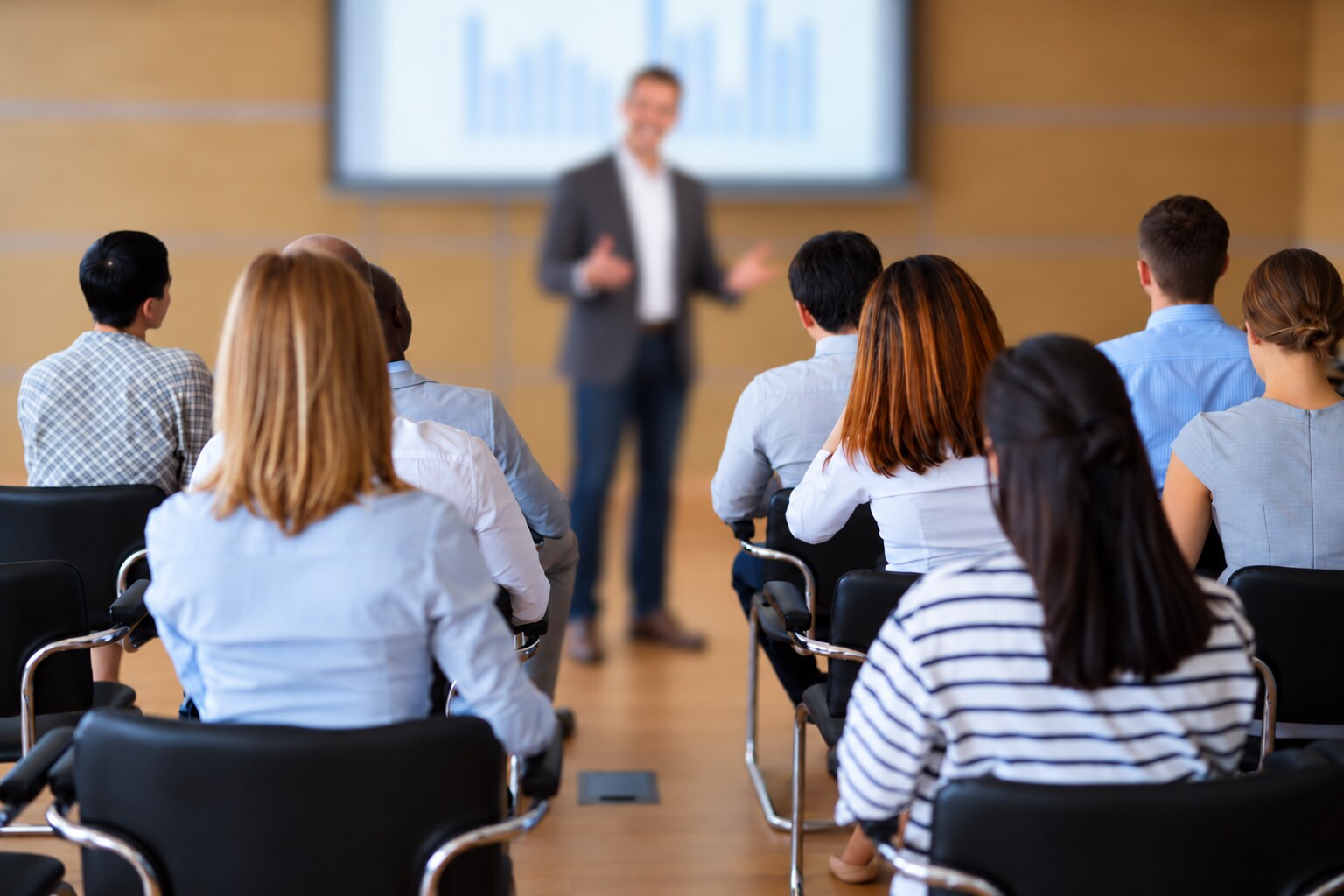 A speaker presents to an audience at a business seminar